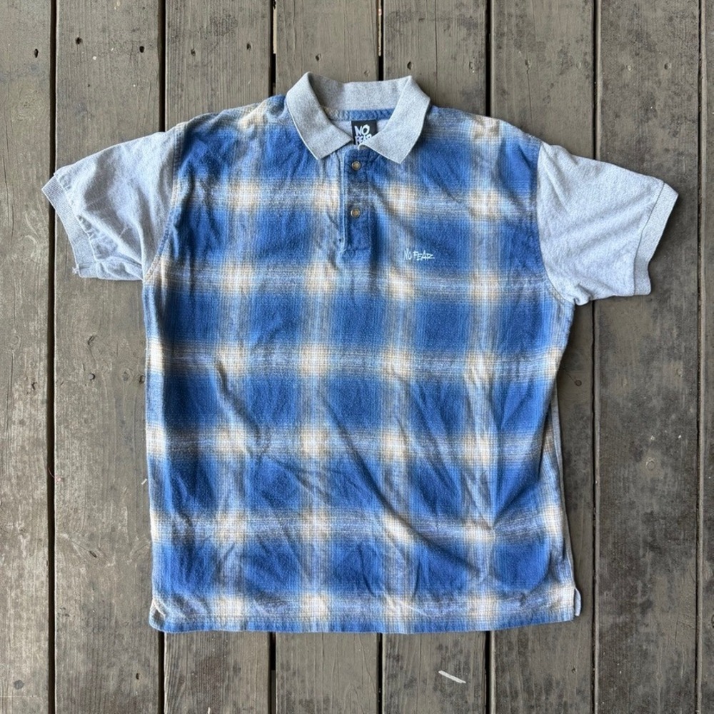 No Fear Vintage 90s Plaid Flannel Polo Shirt Blue Grey Skater Grunge Mens Large